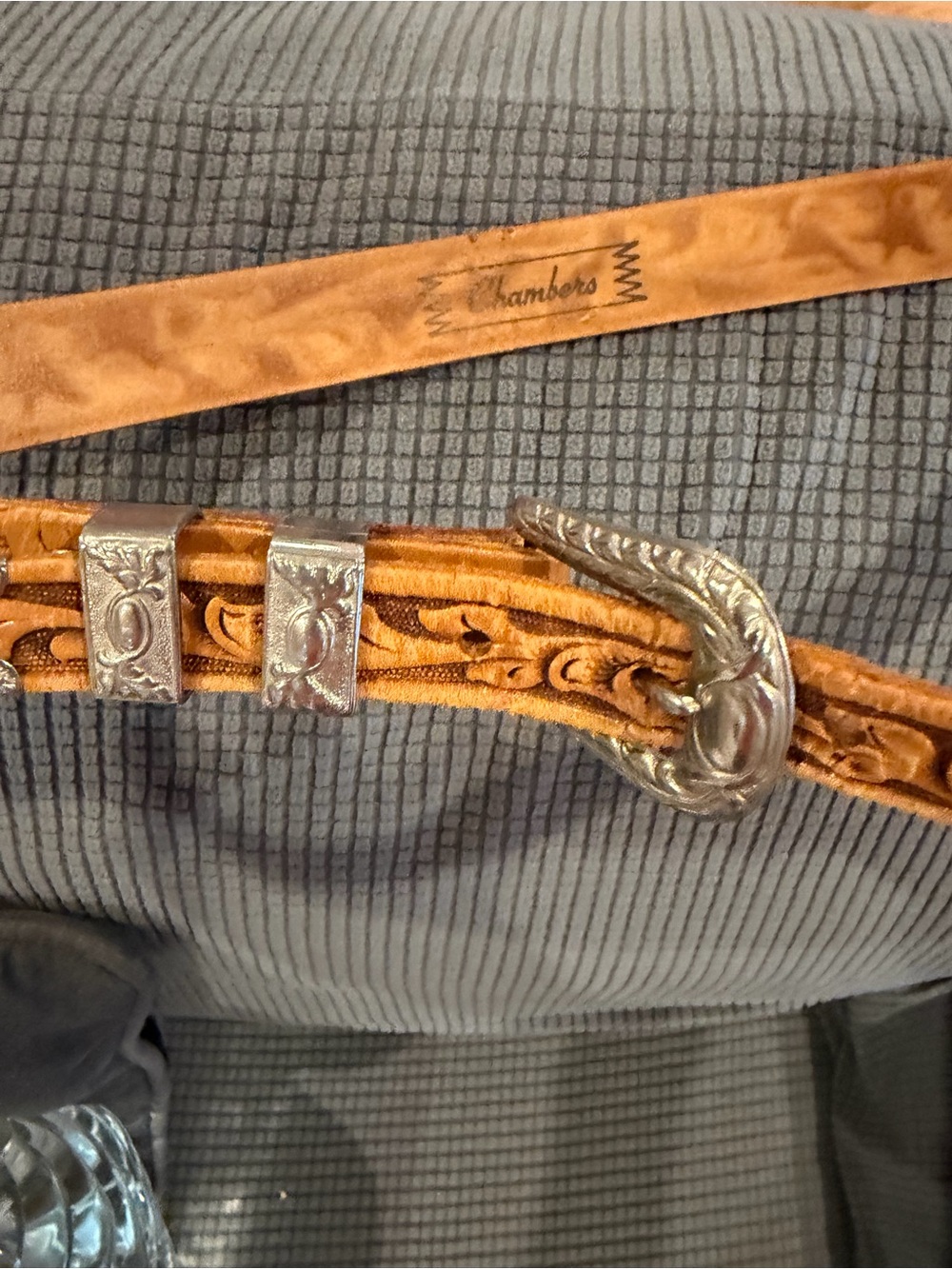 Chambers Brown/Tan Hand Tooled Leather Western Belt Silver Buckle Size 36 NWOTS!